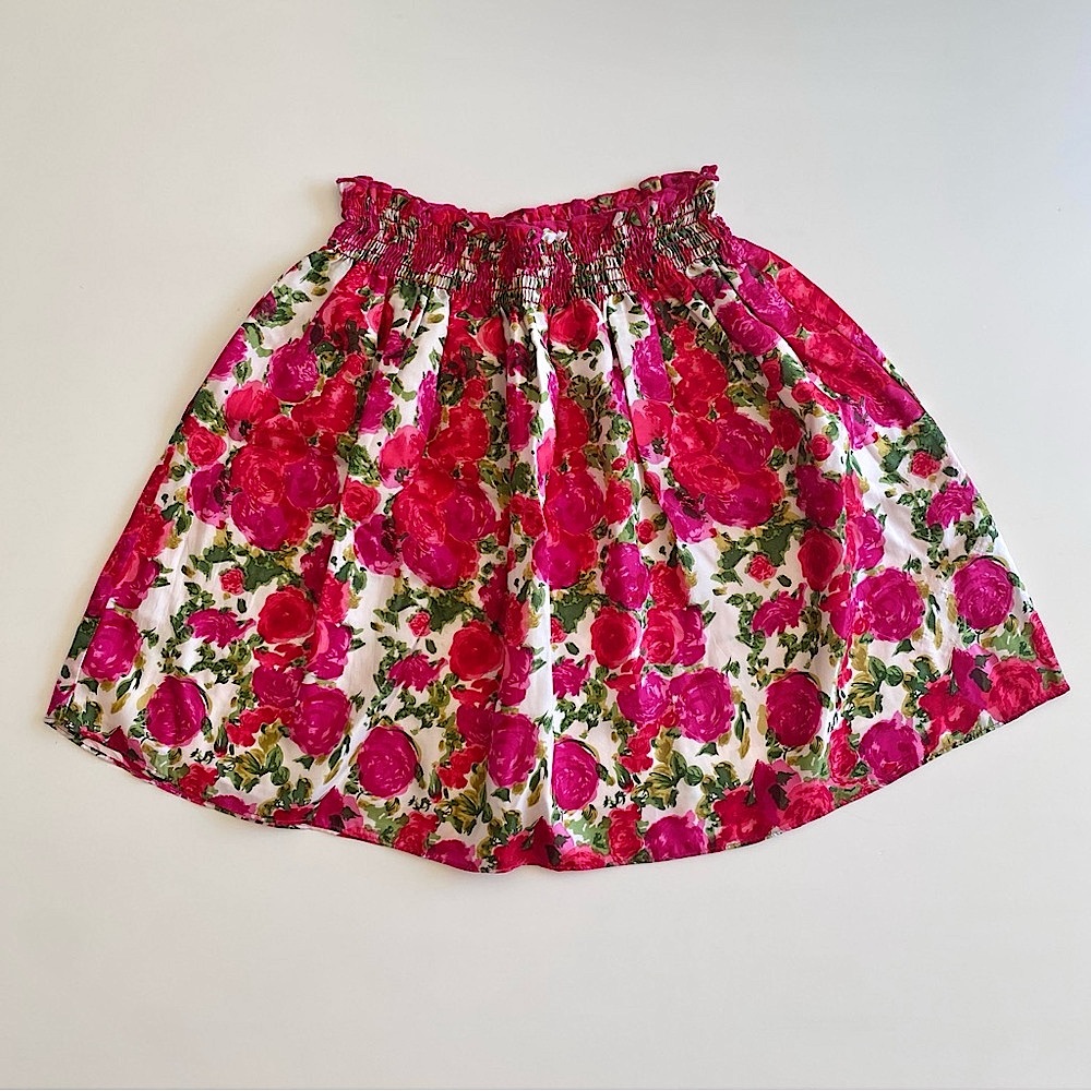 NEW P XS VELVET by Graham + Spencer Rose Floral Silk Skirt Elastic Smocked Lined